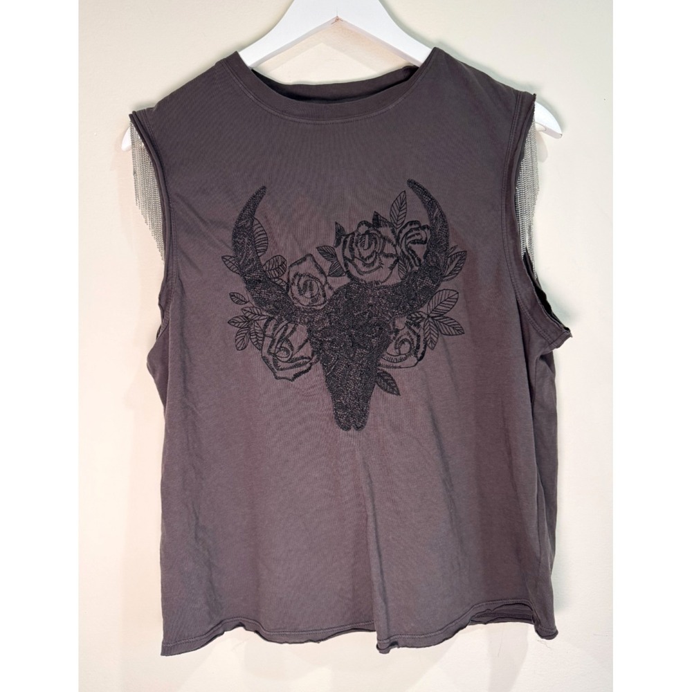 Idyllwind Miranda Lambert Bull Skull Rose Muscle Tank Top Grey Women's Size XS